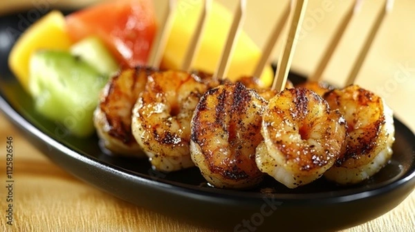 Fototapeta Grilled Shrimp Skewers with Tropical Fruit Appetizer
