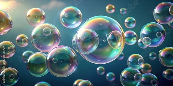 Obraz render of soap bubbles isolated on a background, soap bubbles, translucent, floating, colorful, sphere, bubble, iridescent, purity