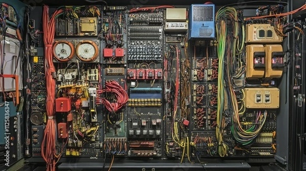 Fototapeta A detailed shot of neatly organized wires and cables in a computer wiring room, showcasing a high-tech environment.