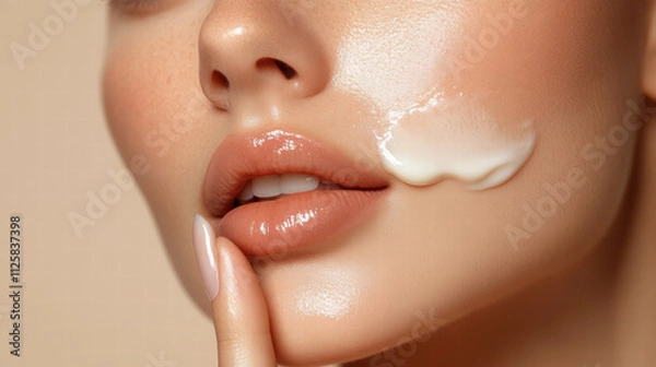 Fototapeta A close-up of a woman's face and hand applying cream to her cheek, against an isolated beige background