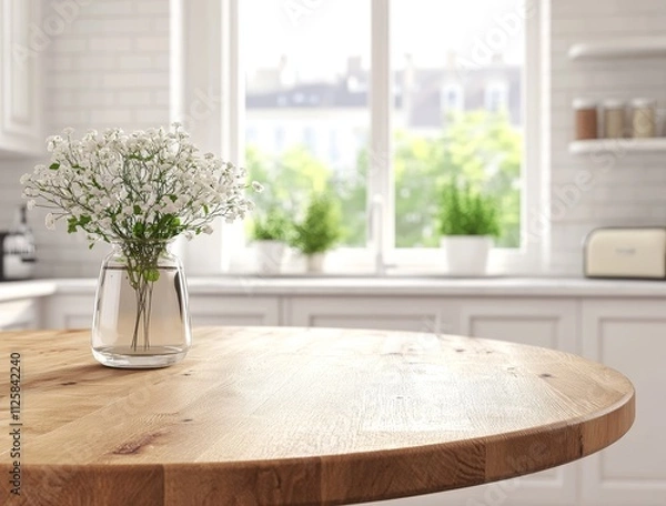 Fototapeta White flowers in glass vase on round wooden table in bright kitchen.