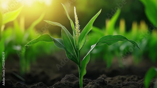 Fototapeta Generated ImageA closeup of a young corn plant growing from rich, dark soil - Generative AI