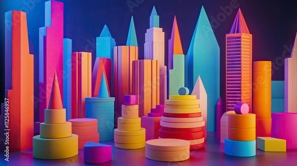 Fototapeta A vibrant neon cityscape with towering futuristic buildings as the backdrop to colorful wooden stacking toys arranged in playful symmetry.