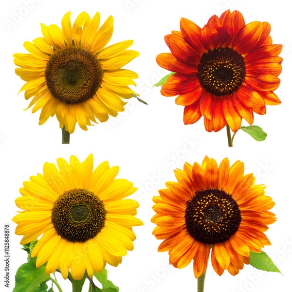 Fototapeta Collection decorative red and yellow flower sunflower isolated on a white background. Flat lay, top view