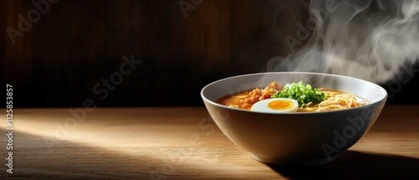 Fototapeta A steaming bowl of ramen garnished with sliced green onions and a soft-boiled egg, served on a wooden table