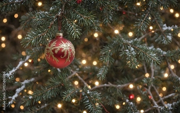 Fototapeta Christmas Tree with Sparkling Red Ornaments and a Warm Winter Atmosphere