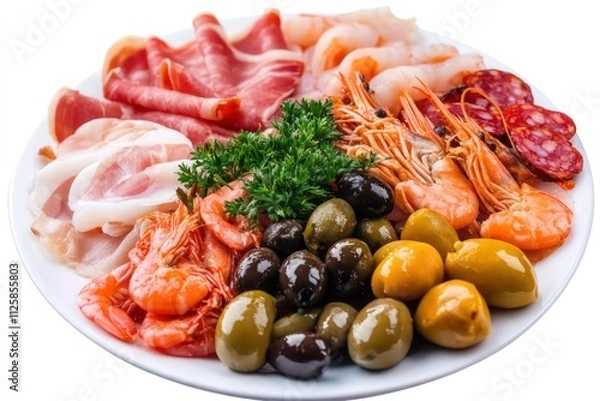 Fototapeta A beautifully arranged plate of Spanish tapas, including olives, cured meats, and seafood, with each item clearly defined against the transparent background.