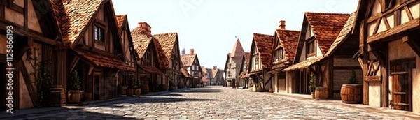 Fototapeta Charming medieval street with historic buildings and cobblestone pavement.