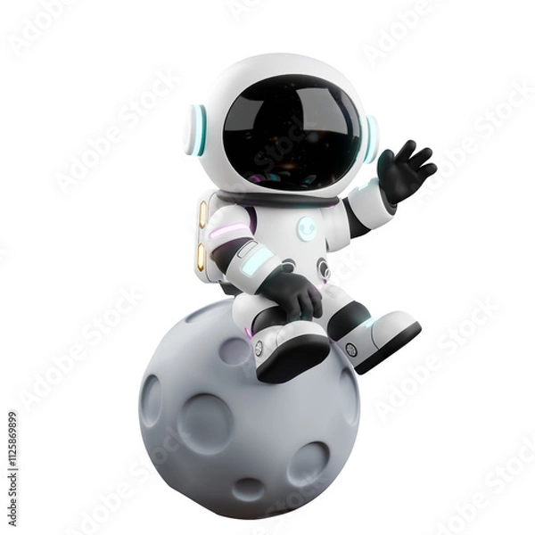 Fototapeta Space Explorer Chibi Astronaut 3D Model. A chibi astronaut sits on the moon with his right hand on his knee, and his left hand waving. Fun Cartoon Style