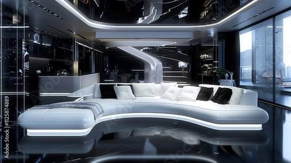 Fototapeta Futuristic modern living room with a curved white sofa, glossy black flooring, and LED-lit furniture for a sleek and high-tech atmosphere. interior design 