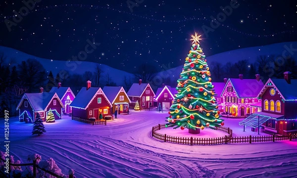 Obraz A festive winter scene with a beautifully decorated Christmas tree under a starry night sky