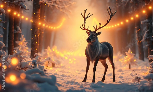 Obraz Stag silhouette in winter forest, a classic Christmas vector illustration