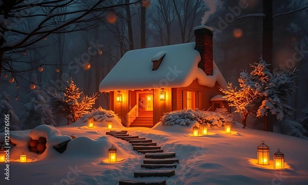 Obraz A rustic winter cottage nestled amidst snow-kissed trees under a starlit sky