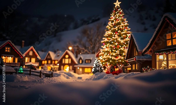 Obraz A festive winter scene with a brightly lit Christmas tree in a snowy village