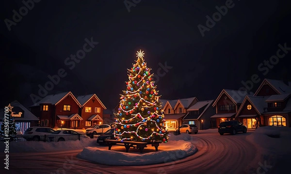 Obraz A festive Christmas tree with twinkling lights illuminates the snowy winter landscape