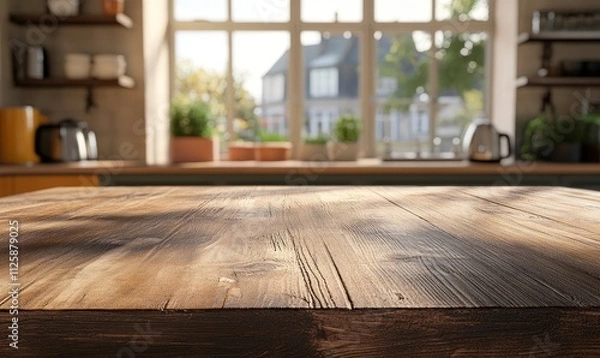 Fototapeta Rustic wooden table in a sunny kitchen with blurred background.