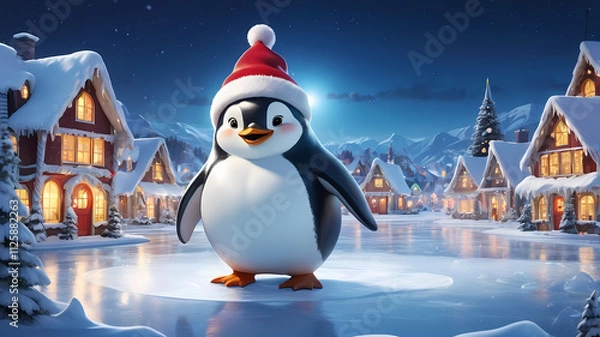 Obraz A playful penguin, bundled in a festive hat and scarf, frolics amidst a winter wonderland of snowmen, snowflakes, and a towering Christmas tree