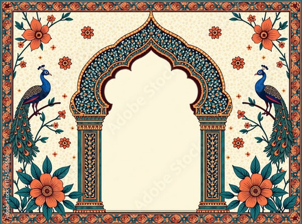 Fototapeta Invitation design featuring middle eastern seamless pattern and Mughal arch with peacock illustration