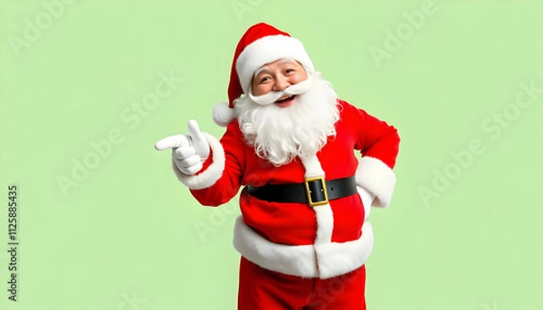 Fototapeta Smiling Santa Claus pointing on blank advertisement banner background with copy space.A cheerful and friendly Santa Claus points to an empty advertisement banner, offering a perfect opportunity for ad