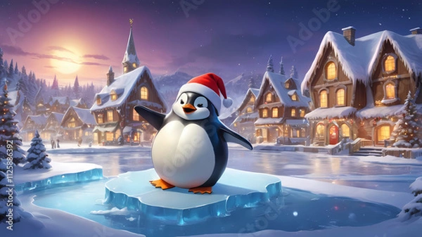 Obraz A cute cartoon penguin in a red hat enjoys the winter wonderland with snowmen, snowflakes, and a Christmas tree