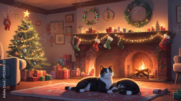 Obraz A cozy winter night at home with a warm fireplace, a decorated Christmas tree, and a curious cat