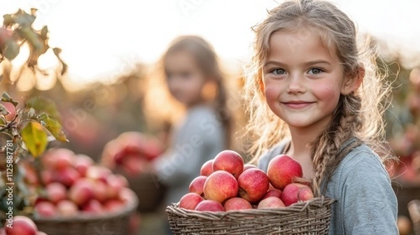 Fototapeta Cheerful young girl holding a basket of freshly picked apples in an orchard, bathed in golden sunset light