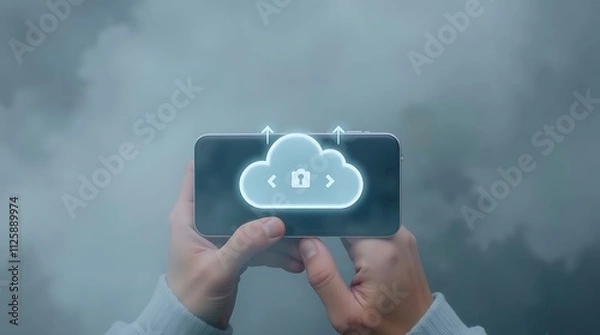 Obraz businessman uses a Laptop with technology cloud computing for data transmission, database, data storage, and backup. Networking and internet service concept. Futuristic business network concept.