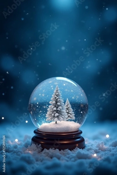 Fototapeta Christmas Snow Globe In Eve Night - Wish Concept With Snowing And Blue Abstract Defocused Background
