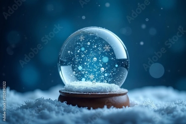 Fototapeta Christmas Snow Globe In Eve Night - Wish Concept With Snowing And Blue Abstract Defocused Background