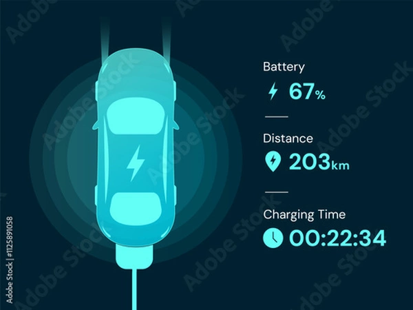 Fototapeta Electric Vehicle battery charging Dashboard Interface with Top view electric car charging battery vector design concept. EV charging design for Electric Car, EV station, ui, clean energy, website.