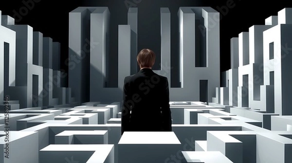 Fototapeta businessman stands facing a complex maze pattern, symbolizing challenges and decision-making in professional life.