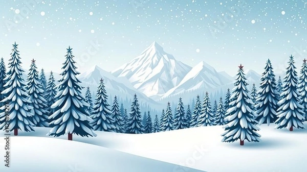Fototapeta Winter wonderland scene of snow-covered forest pines with snowy mountains in the background on paper vector illustration, cold, vector