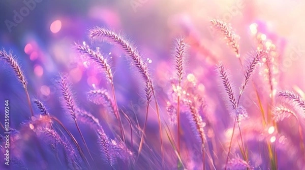 Fototapeta 100.Purple Pennisetum setaceum grasses bathed in warm afternoon sunlight, the stalks casting soft glows and sparkling gently; the background is blurred with natural colors, adding a serene and dreamy