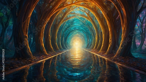 Fototapeta Tunnel of light with arching trees 