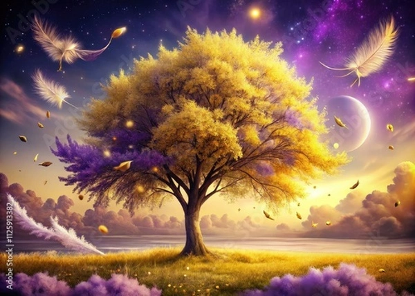Fototapeta Magical Fantasy Tree: Purple Yellow Feathers Dewdrop Vortex Art, Surreal Nature Painting, Dreamlike Landscape