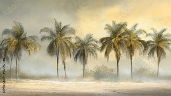Fototapeta Serene Tropical Landscape with Palm Trees Under a Soft Golden Glow and Misty Atmosphere Capturing the Essence of a Calm Oasis at Sunrise