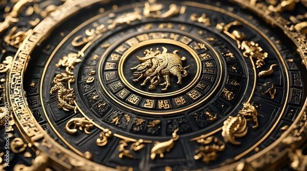 Fototapeta Close-up of an ornate circular zodiac design featuring twelve animals in gold on a black background.