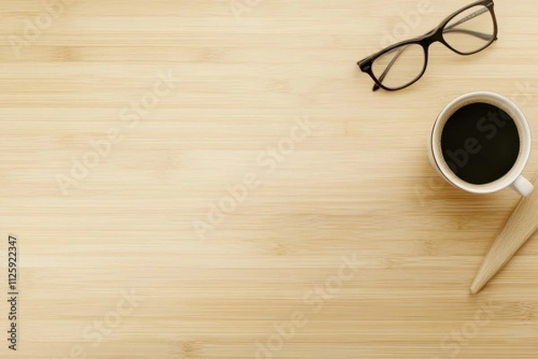 Obraz Overhead view of a minimalist workspace with coffee, eyeglasses, and copy space on a light wood desk.