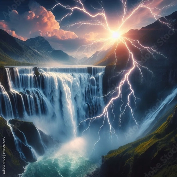 Fototapeta Waterfall Lightning Lightning striking near a powerful cascading