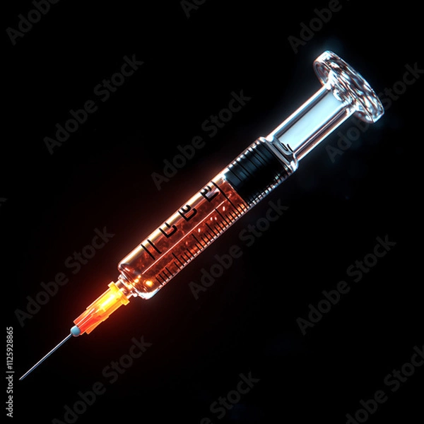 Obraz advanced modern medical syringe device with liquid, metallic feel,Booster,cosmetic laboratory research and development,medicine，science bio skincare,cosmetology,surgery，3d rendering