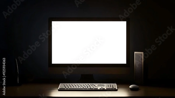 Fototapeta Desktop computer mockup with blank white screen in dark room