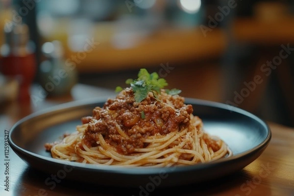 Fototapeta Close-up of delicious spaghetti bolognese on a black plate.