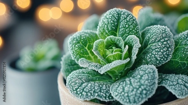 Fototapeta Frosty green plant in pot, bokeh lights.