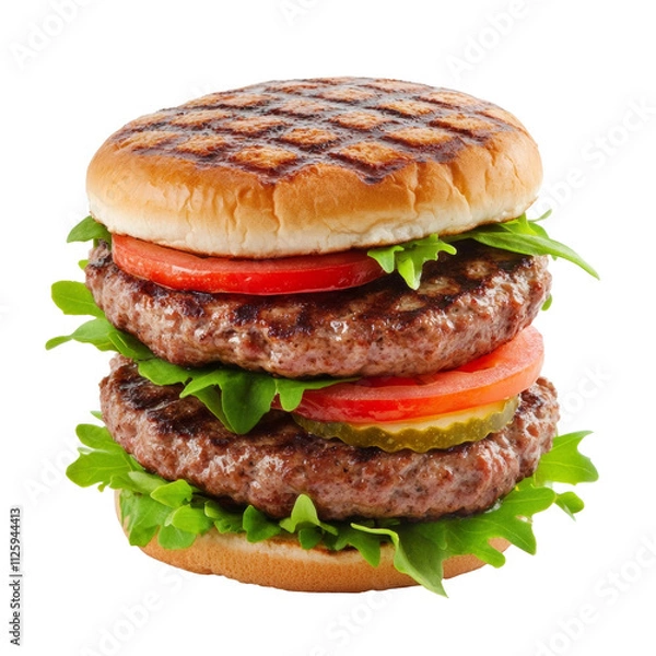 Fototapeta Delicious three-stack hamburger on transparency background gourmet food photography bright white environment for culinary inspiration