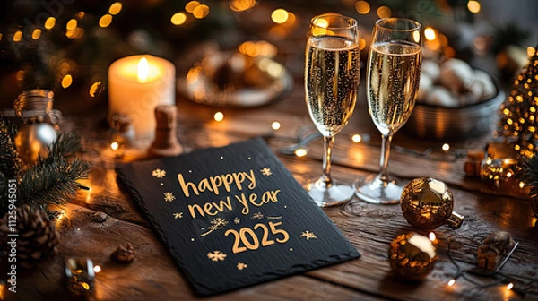 Fototapeta “happy new year 2025” - greeting card - black slate board with golden english text. christmas decoration on rustic wood with champagne glasses and golden lights from fireworks in background