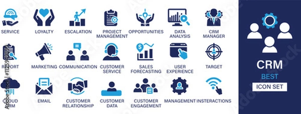 Fototapeta Customer relationship management best solid icon set collection. Service, loyalty, escalation, project management, opportunities, data analysis, manager, report, marketing, and vector illustration.