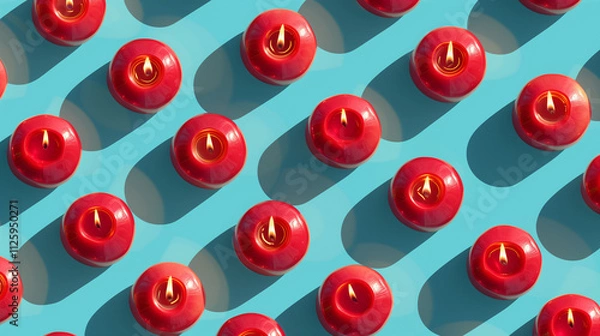 Fototapeta  a vibrant and visually striking arrangement of red objects with golden cone-shaped tips, evenly spaced in a grid pattern on a bright blue background. The objects cast long, sharp shadows