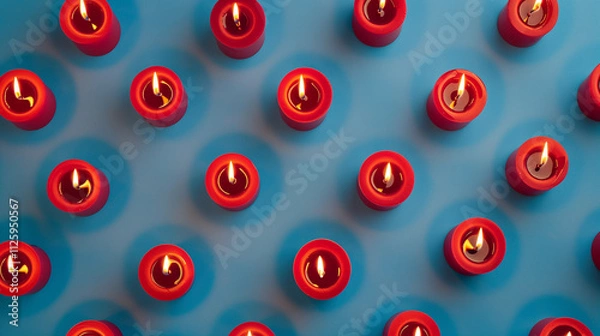 Fototapeta  a vibrant and visually striking arrangement of red objects with golden cone-shaped tips, evenly spaced in a grid pattern on a bright blue background. The objects cast long, sharp shadows