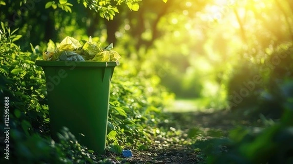 Fototapeta A green trash bin placed in a natural setting, surrounded by lush greenery and bright daylight, symbolizing environmental care and waste management.