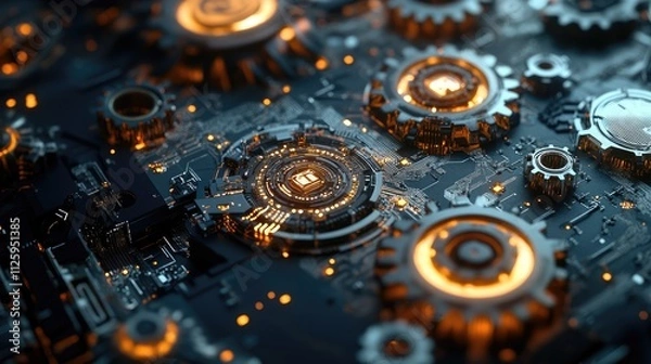 Obraz A high-tech digital concept with interconnected gears, hexagons, and circuit boards, showcasing telecom and engineering advancements.